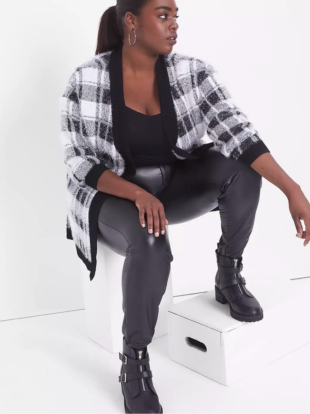 Lane Bryant Open Front Black White Plaid Cardigan Sweater Fuzzy Eyelash Size 4X